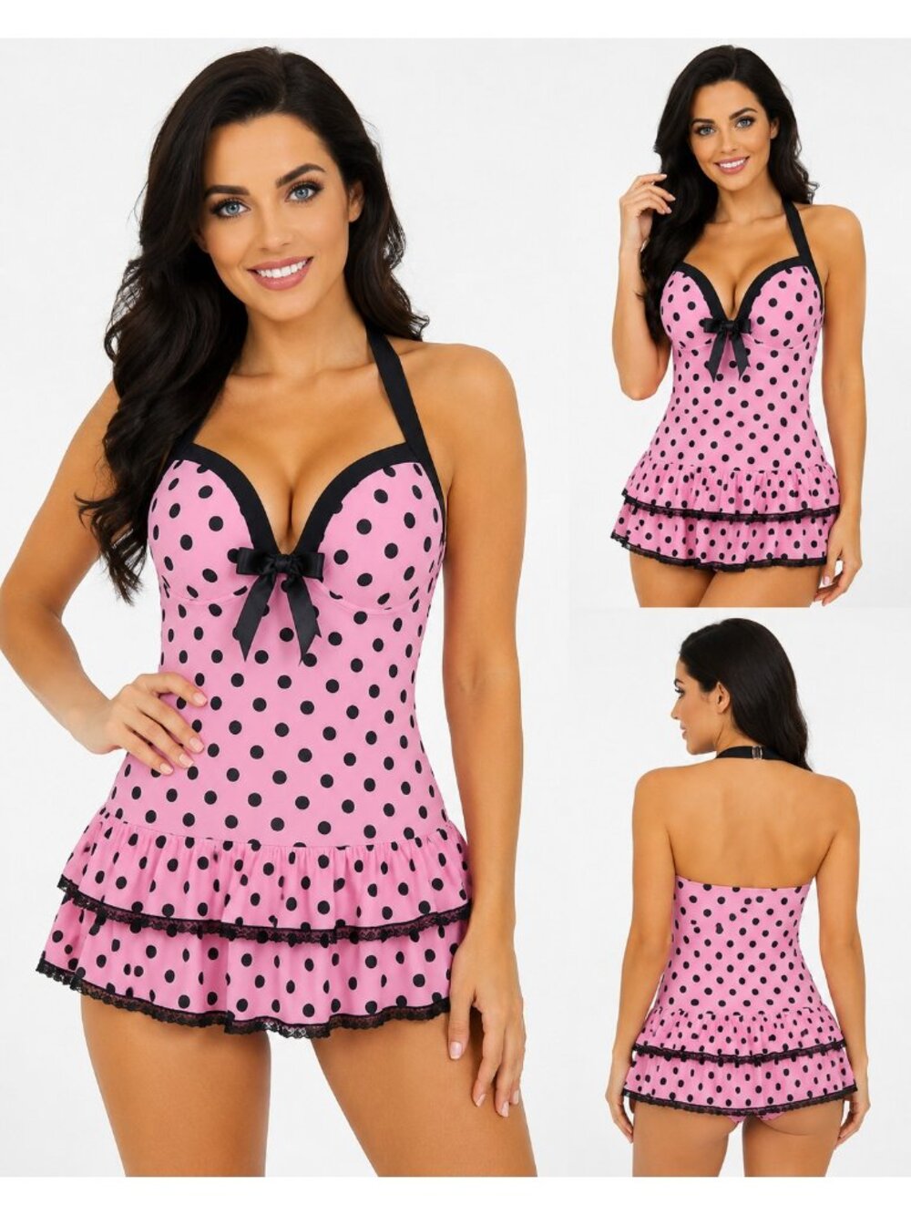 Retro Stage Pink Black Polka Dot Halter Swim Dress One Piece Swimsuit NWT Large